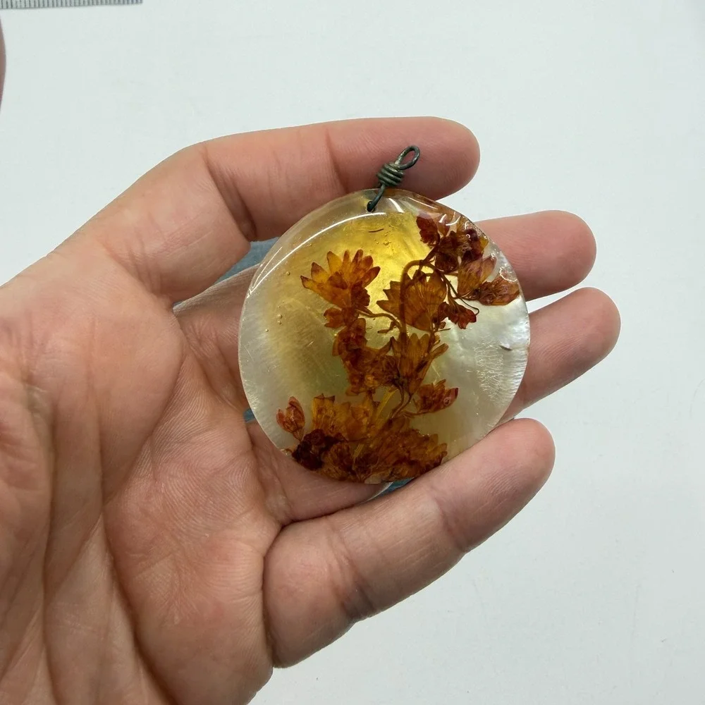 Dried Flower Resin Pendant Amber & Bronze Tone Yellow Cottagecore Boho Jewelry